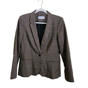 Calvin Klein Brown Plaid One Button Classic Dark Academia Blazer Size 10